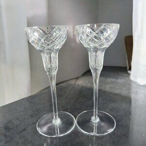 Vintage Rogaska Clear Glass Crystal Pillar Candle Holders Set 2 Signed Bottom‎